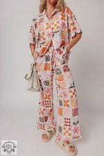 Floral patchwork pajama set in Orange Plant Checkered Print for ultimate relaxation