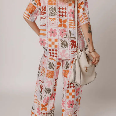 Floral patchwork print pajama set featuring an Orange Plant Checkered Print design