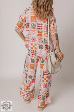 Floral patchwork print pajama set featuring an Orange Plant Checkered Print design