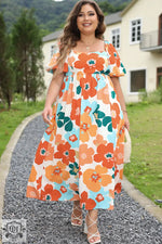 Orange Plus Size Flower Print Shirred Square Neck Maxi Dress for a relaxed style 1x 14w-16w