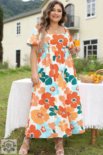 Orange Plus Size Flower Print Shirred Square Neck Maxi Dress for a relaxed and stylish look