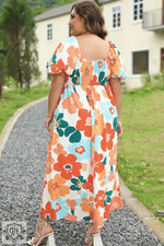 Orange Plus Size Flower Print Shirred Square Neck Maxi Dress showcasing a floral print