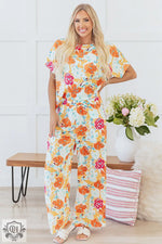 Orange Vibrant Floral Printed Short Sleeve Top 2 Piece Pants Set - Orange / S / 100% Polyester - Two Piece Sets/Pant