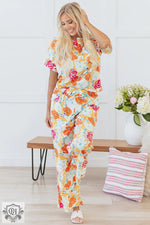 Orange Vibrant Floral Printed Short Sleeve Top 2 Piece Pants Set - Two Piece Sets/Pant Sets