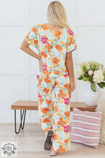 Orange Vibrant Floral Printed Short Sleeve Top 2 Piece Pants Set - Two Piece Sets/Pant Sets