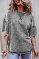 Orchid Petal Mineral Wash Exposed Seam Drop Shoulder Oversized Tee - Philippine Gray / S / 85% Cotton + 15% Polyester