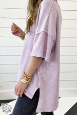 Orchid Petal Mineral Wash Exposed Seam Drop Shoulder Oversized Tee - Tops/Tops & Tees