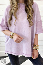 Orchid Petal Mineral Wash Exposed Seam Drop Shoulder Oversized Tee - Orchid Petal / S / 85% Cotton + 15% Polyester