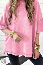 Orchid Petal Mineral Wash Exposed Seam Drop Shoulder Oversized Tee - Strawberry Pink / S / 85% Cotton + 15% Polyester