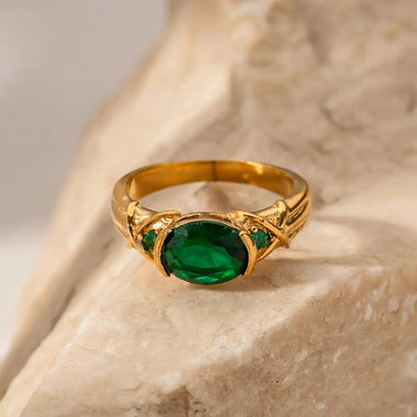 Exquisite 18K Gold Oval Green Zircon Ring: Timeless Elegance -  QH Clothing