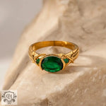 Exquisite 18K Gold Oval Green Zircon Ring: Timeless Elegance -  QH Clothing