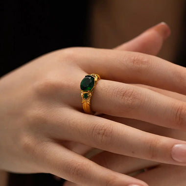 Exquisite 18K Gold Oval Green Zircon Ring: Timeless Elegance -  QH Clothing