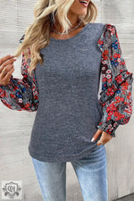 Gray sweater with floral print puff sleeves in Pale Chestnut, sizes bust hem available