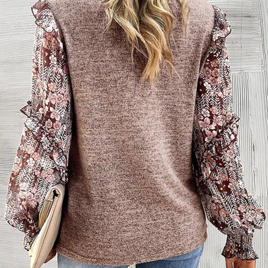 Pale Chestnut Ruffle Tiered Floral Sleeve Crew Neck Blouse in sizes bust hem for relaxed style