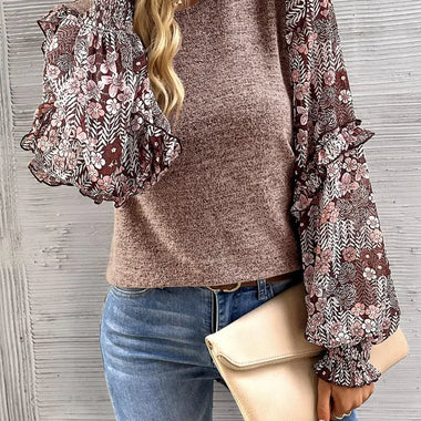 Pale Chestnut Ruffle Tiered Floral Sleeve Crew Neck Blouse in sparkly brown body and floral sleeves