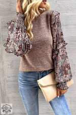 Pale Chestnut Ruffle Tiered Floral Sleeve Crew Neck Blouse in sparkly brown body and floral sleeves