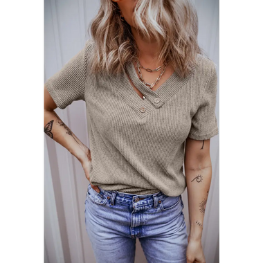 Pale Khaki Ribbed Buttoned Strappy V Neck Tee - Pale Khaki / S / 97% Polyester + 3% Elastane - Tops/Tops & Tees