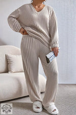 Beige ribbed pajama set for plus sizes, ideal to relax with bust and waist sizing