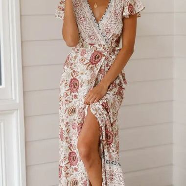 Spot  Summer Casual   Holiday Floral Print Dress Sexy Dress Women Clothing Wrap Dress - Quality Home Clothing| Beauty