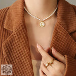 Exquisite 18K Gold Pearl Chain Necklace with Personalized Inlaid Gemstones and English Letters -  QH Clothing