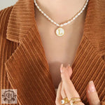 Exquisite 18K Gold Pearl Chain Necklace with Personalized Inlaid Gemstones and English Letters -  QH Clothing