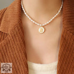 Exquisite 18K Gold Pearl Chain Necklace with Personalized Inlaid Gemstones and English Letters -  QH Clothing