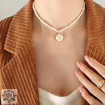 Exquisite 18K Gold Pearl Chain Necklace with Personalized Inlaid Gemstones and English Letters -  QH Clothing