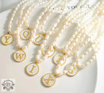 Exquisite 18K Gold Pearl Chain Necklace with Personalized Inlaid Gemstones and English Letters -  QH Clothing