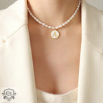 Exquisite 18K Gold Pearl Chain Necklace with Personalized Inlaid Gemstones and English Letters -  QH Clothing