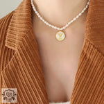 Exquisite 18K Gold Pearl Chain Necklace with Personalized Inlaid Gemstones and English Letters -  QH Clothing