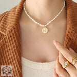 Exquisite 18K Gold Pearl Chain Necklace with Personalized Inlaid Gemstones and English Letters -  QH Clothing