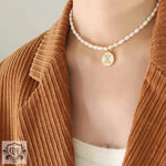 Exquisite 18K Gold Pearl Chain Necklace with Personalized Inlaid Gemstones and English Letters -  QH Clothing