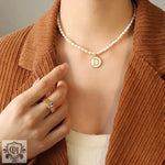 Exquisite 18K Gold Pearl Chain Necklace with Personalized Inlaid Gemstones and English Letters -  QH Clothing