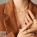 Exquisite 18K Gold Pearl Chain Necklace with Personalized Inlaid Gemstones and English Letters -  QH Clothing