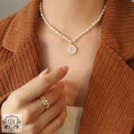 Exquisite 18K Gold Pearl Chain Necklace with Personalized Inlaid Gemstones and English Letters -  QH Clothing