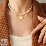 Exquisite 18K Gold Pearl Chain Necklace with Personalized Inlaid Gemstones and English Letters - QH Clothing