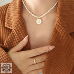 Exquisite 18K Gold Pearl Chain Necklace with Personalized Inlaid Gemstones and English Letters - QH Clothing