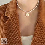 Exquisite 18K Gold Pearl Chain Necklace with Personalized Inlaid Gemstones and English Letters - QH Clothing