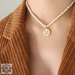 Exquisite 18K Gold Pearl Chain Necklace with Personalized Inlaid Gemstones and English Letters - QH Clothing