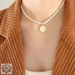 Exquisite 18K Gold Pearl Chain Necklace with Personalized Inlaid Gemstones and English Letters -  QH Clothing