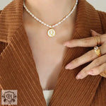 Exquisite 18K Gold Pearl Chain Necklace with Personalized Inlaid Gemstones and English Letters -  QH Clothing