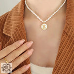 Exquisite 18K Gold Pearl Chain Necklace with Personalized Inlaid Gemstones and English Letters -  QH Clothing