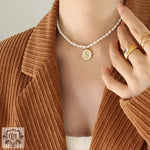 Exquisite 18K Gold Pearl Chain Necklace with Personalized Inlaid Gemstones and English Letters -  QH Clothing