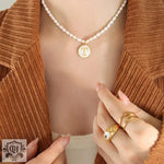 Exquisite 18K Gold Pearl Chain Necklace with Personalized Inlaid Gemstones and English Letters - QH Clothing