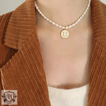 Exquisite 18K Gold Pearl Chain Necklace with Personalized Inlaid Gemstones and English Letters -  QH Clothing