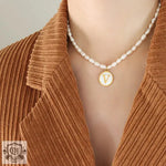 Exquisite 18K Gold Pearl Chain Necklace with Personalized Inlaid Gemstones and English Letters -  QH Clothing