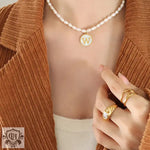 Exquisite 18K Gold Pearl Chain Necklace with Personalized Inlaid Gemstones and English Letters -  QH Clothing