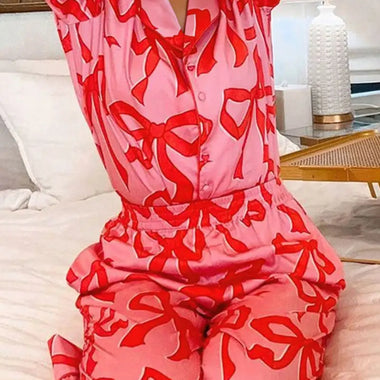 Pink 2pcs Bow Print Shirt Style Long Sleeve Pajama Set in euro sizes for ultimate relax relax