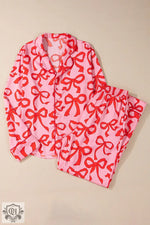 Pink 2pcs Bow Print Shirt Style Long Sleeve Pajama Set for ultimate relax comfort in all euro sizes