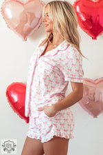 Pink Bowknot Printed Pajama Set in floral design, perfect for relaxing in various Euro sizes